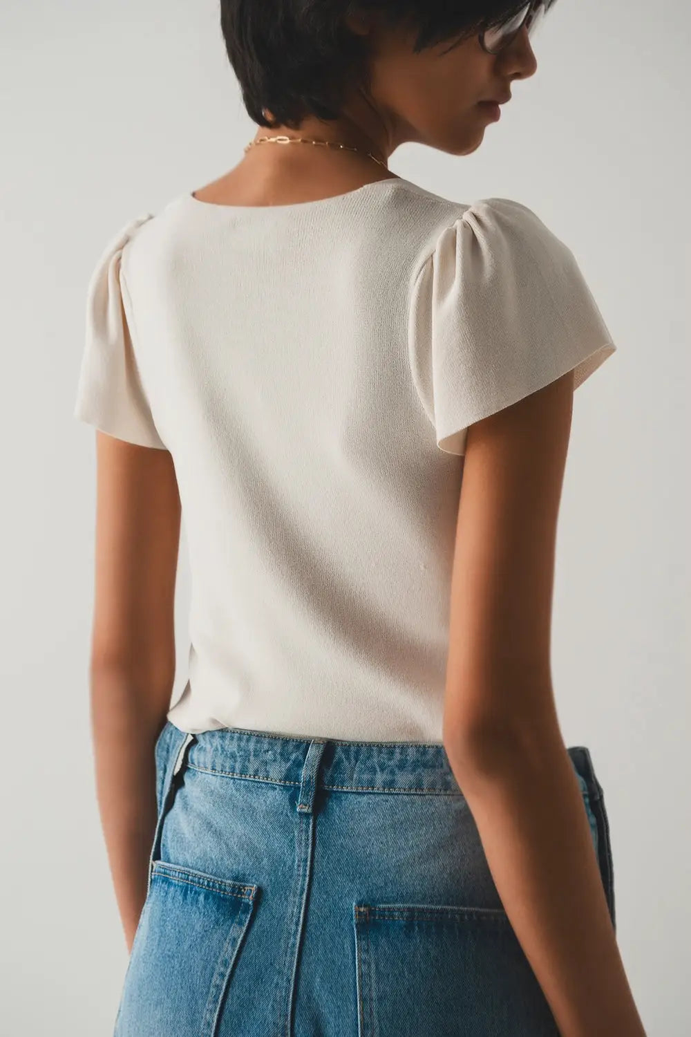 square neck puff sleeve sweater in cream - Sweaters