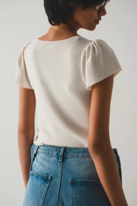 square neck puff sleeve sweater in cream - Sweaters