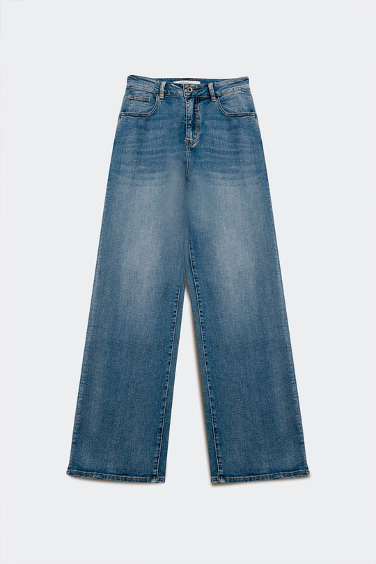 Cotton blend high waist wide leg jeans