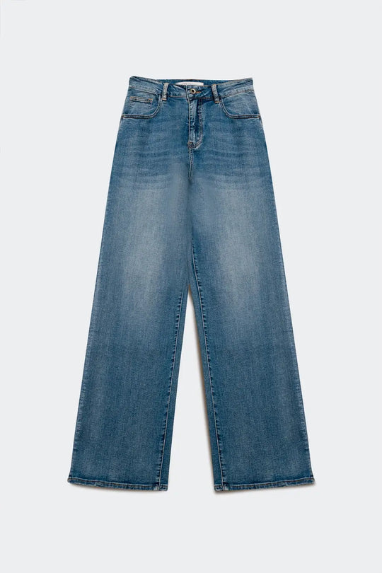 Cotton blend high waist wide leg jeans