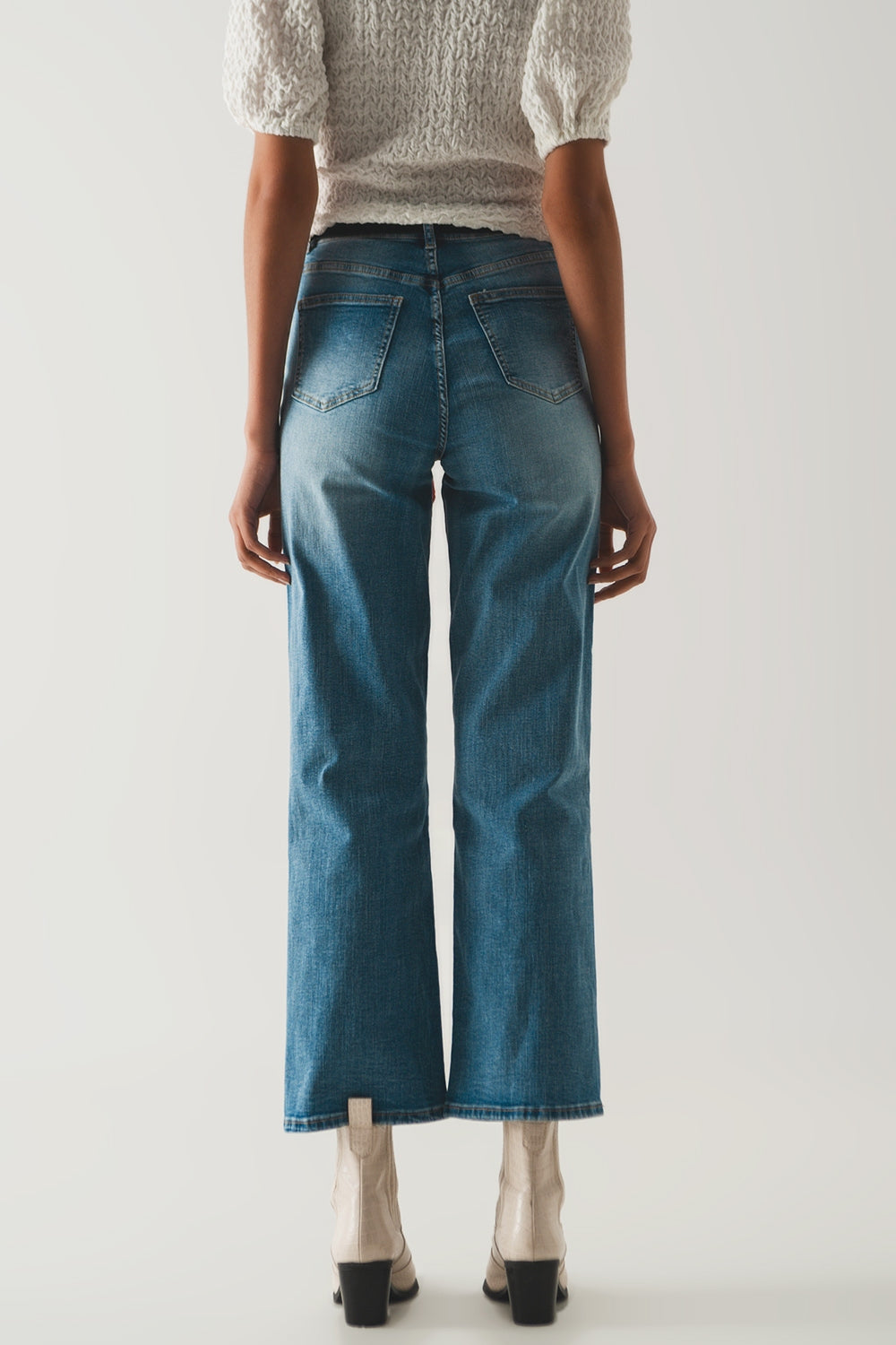 Cotton blend high waist wide leg jeans