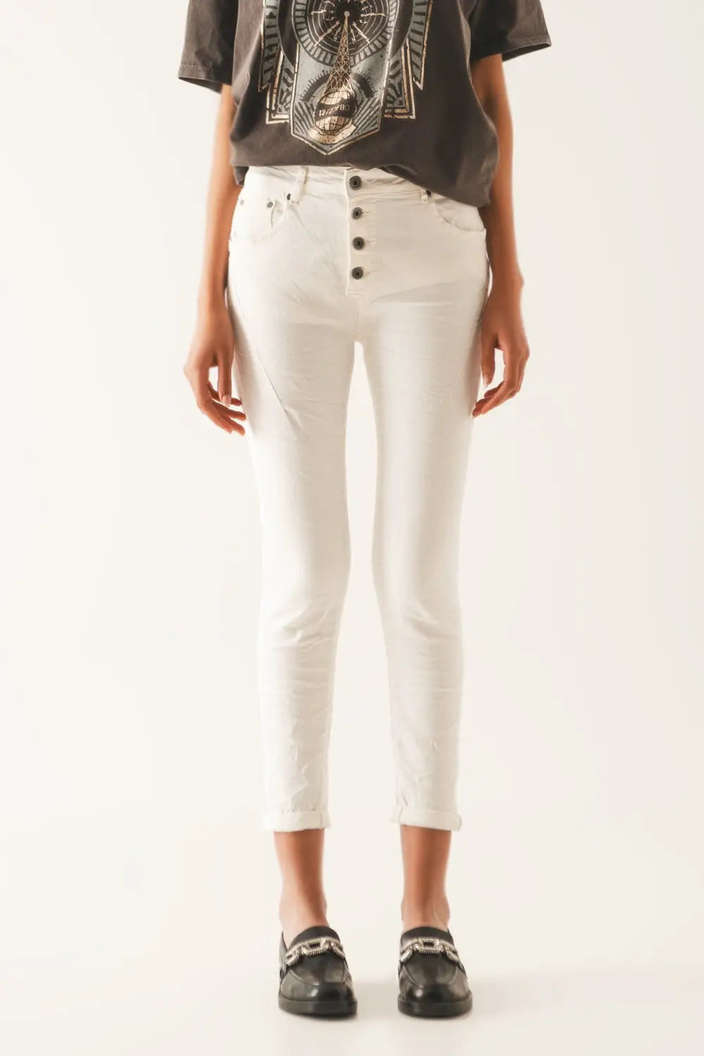 Exposed buttons skinny jeans in cream - Colored Jeans