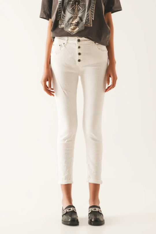Exposed buttons skinny jeans in cream - Colored Jeans