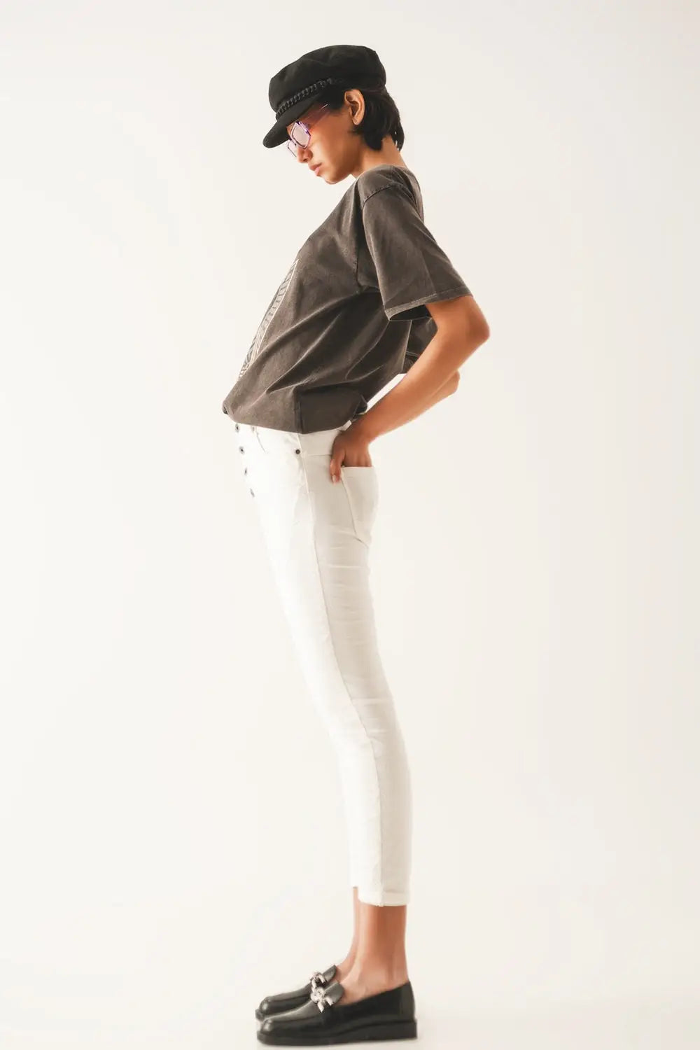 Exposed buttons skinny jeans in cream - Colored Jeans