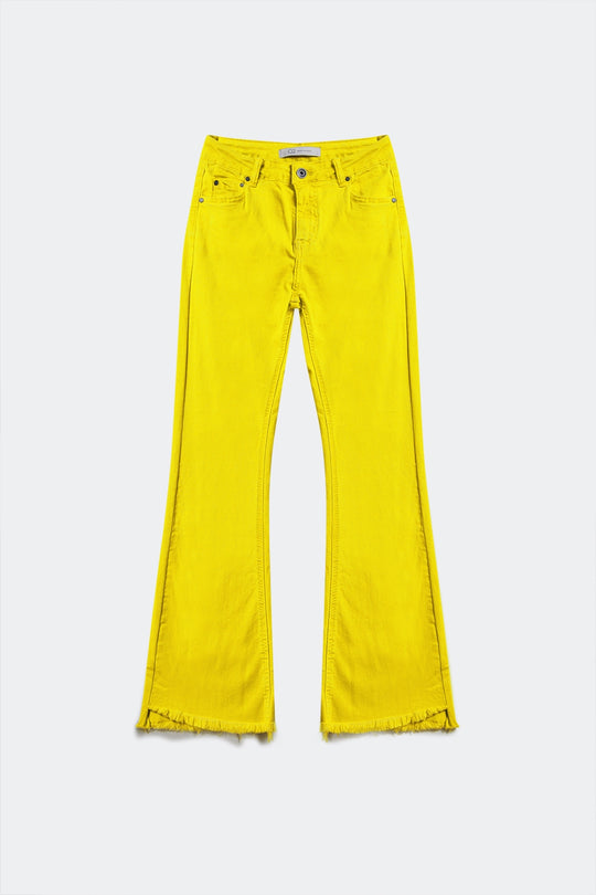 Flare jeans with raw hem edge in yellow