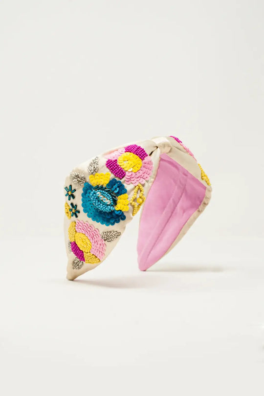 Knotted headband with embellished flowers in cream - CREAM