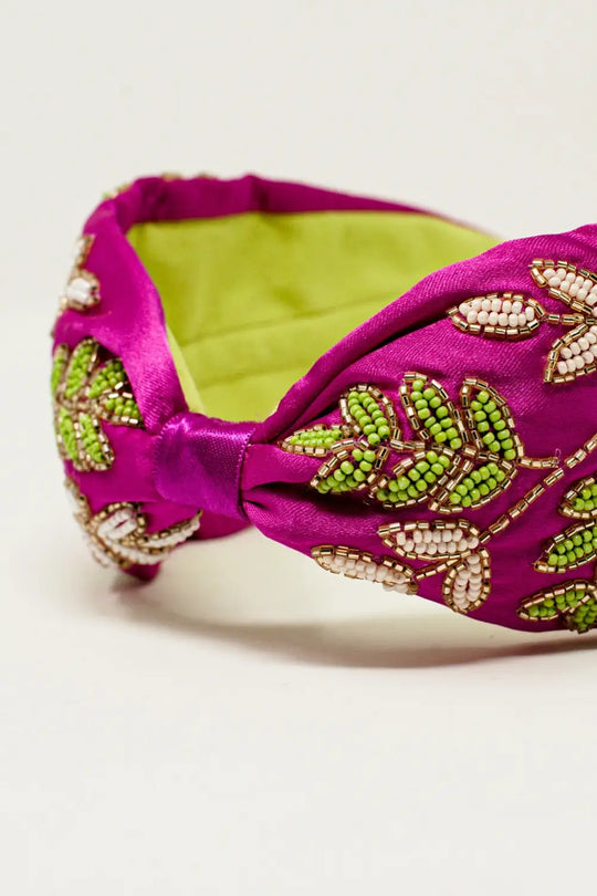 Beaded flower hair band in purple - PURPLE