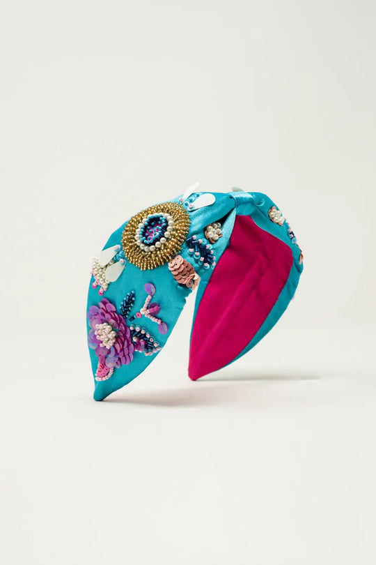 Embellished chunky headband in blue - BLUE