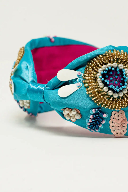 Embellished chunky headband in blue - BLUE