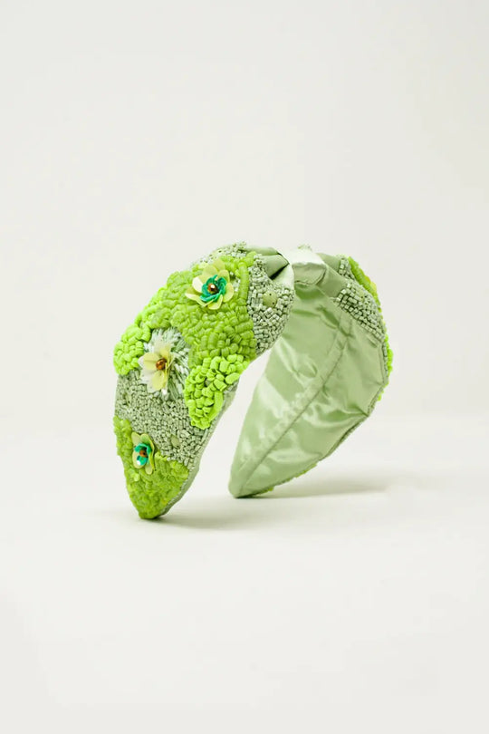 Chunky headband with embellished green flowers - GREEN