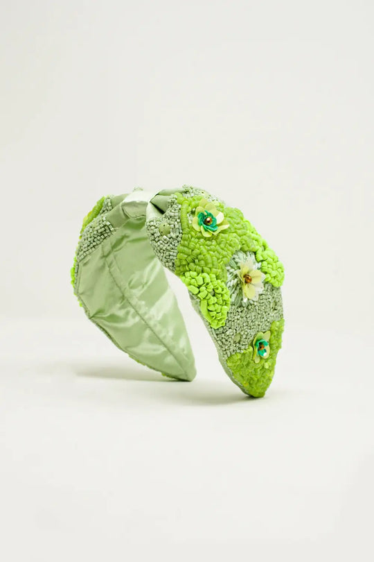 Chunky headband with embellished green flowers - GREEN
