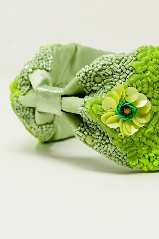 Chunky headband with embellished green flowers - GREEN