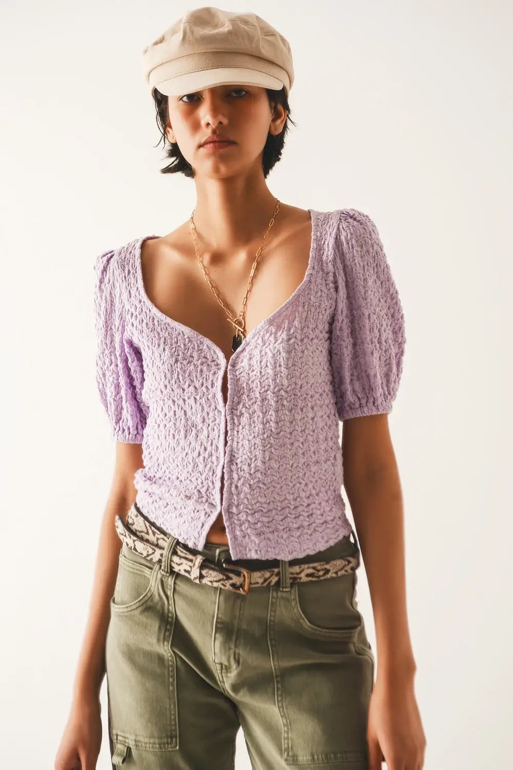 Top with balloon sleeves and hook and eye closure in lila - Tops