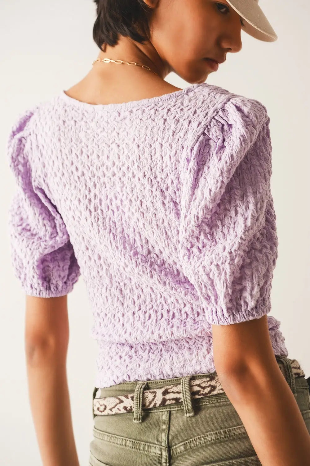 Top with balloon sleeves and hook and eye closure in lila - Tops