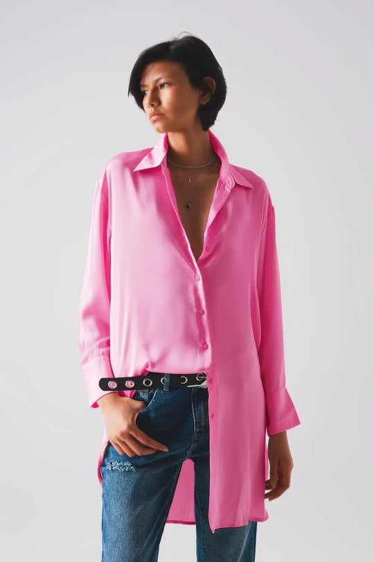 Long sleeve satin button front shirt in pink - Shirts