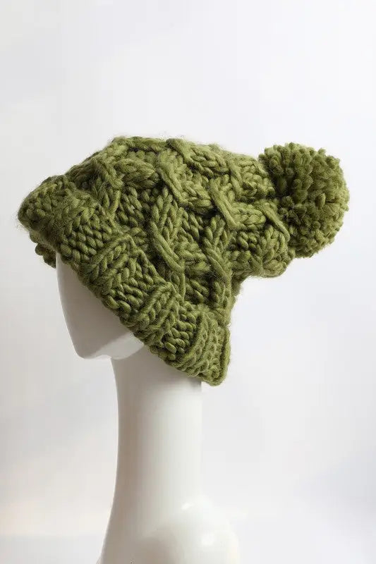 Oversized Chunky Knit Pom Beanie - Olive / One Size