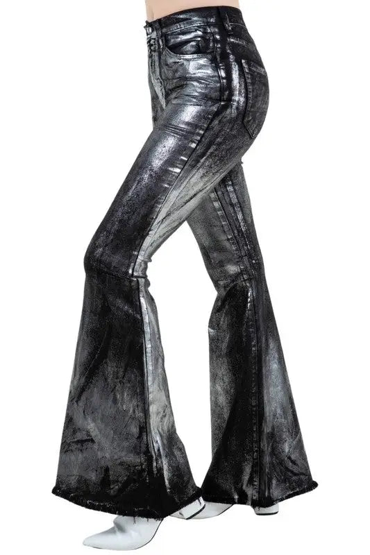 Metallic Bell Bottom Jean Black - BLACK / 3 - Bottoms