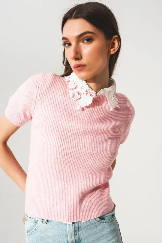 Ribbed short sleeve crop knitted top in pink - Sweaters