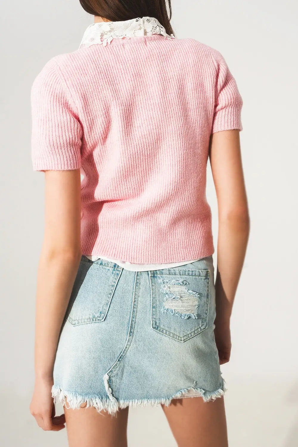 Ribbed short sleeve crop knitted top in pink - Sweaters