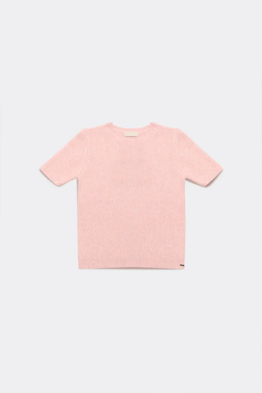 Ribbed short sleeve crop knitted top in pink - Sweaters