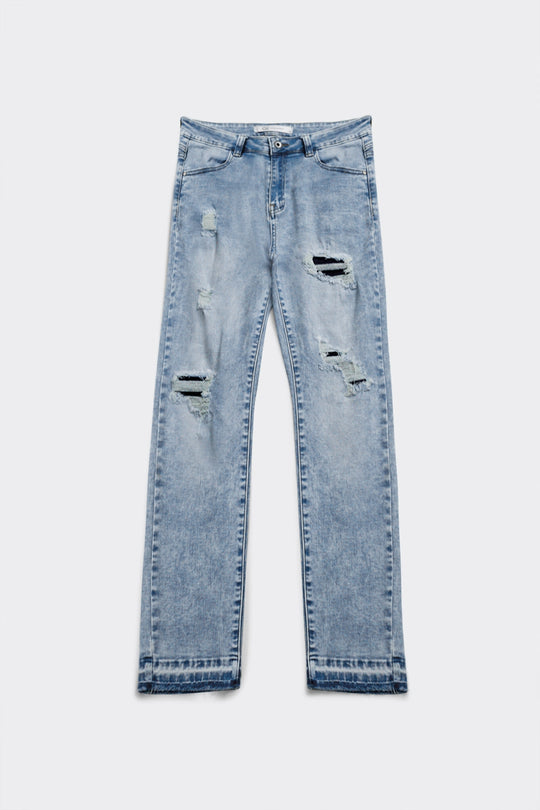 Distressed straight jeans with hem detail in blue