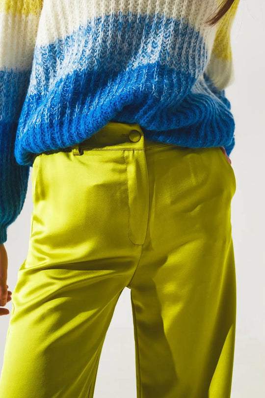 Wide leg satin pants in lime green - Pants