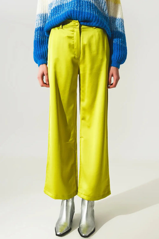 Wide leg satin pants in lime green - Pants