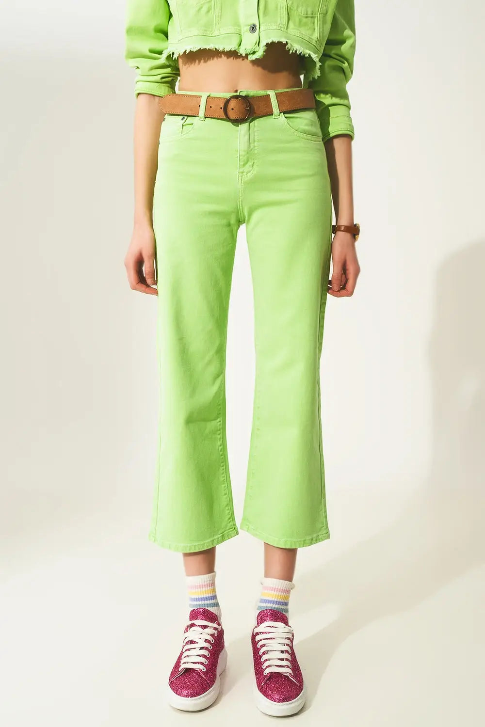 Cropped wide leg jeans in acid green - Colored Jeans