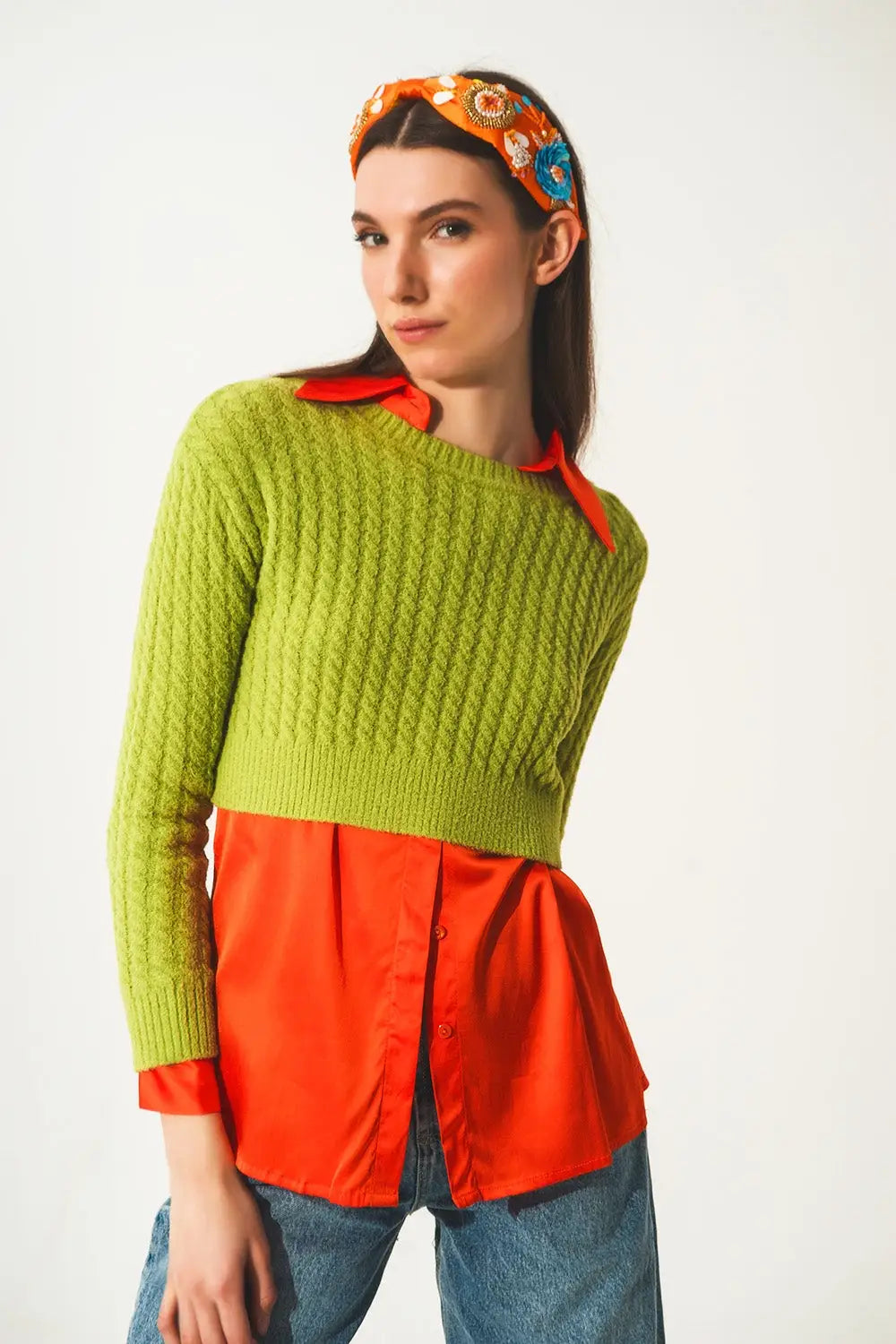Round neck cable knit crop jumper in lime green - Sweaters