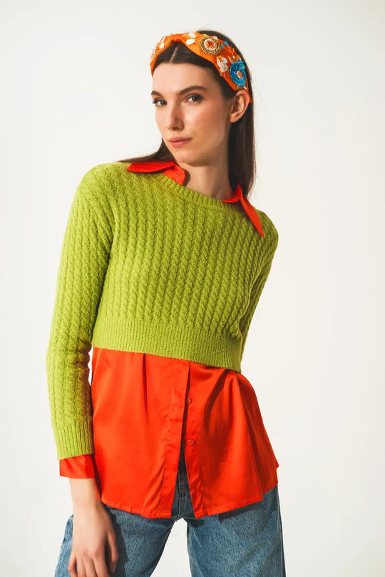 Round neck cable knit crop jumper in lime green - Sweaters