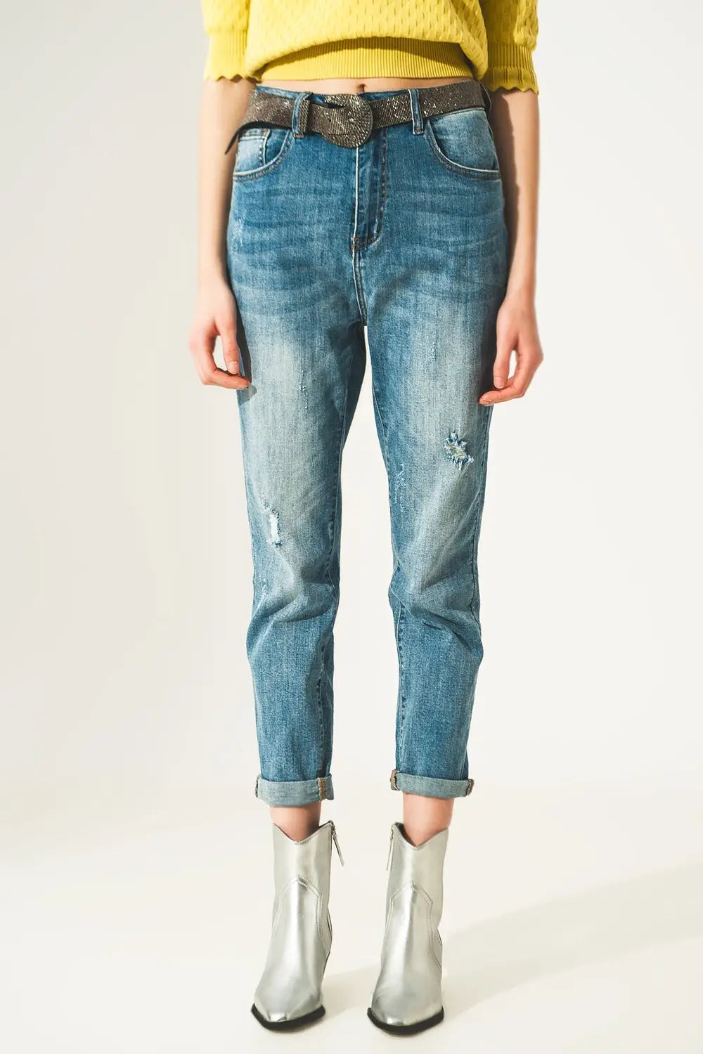 Distressed straight leg jean in light blue