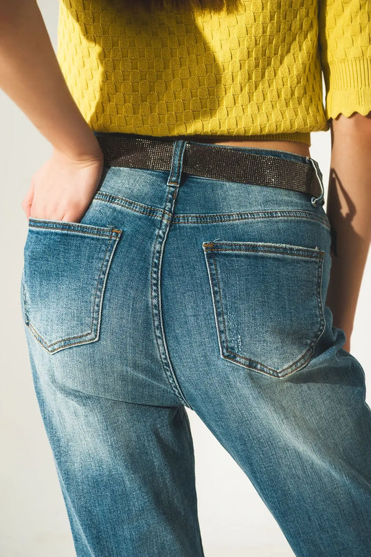 Distressed straight leg jean in light blue