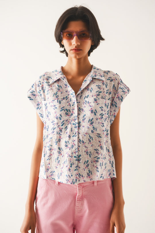 Purple blouse with pockets and floral print