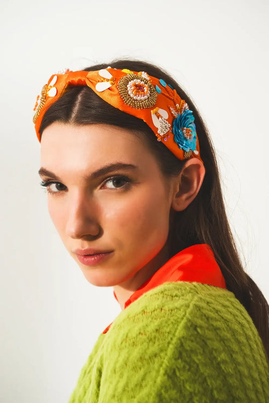Embellished chunky headband in orange - ORANGE