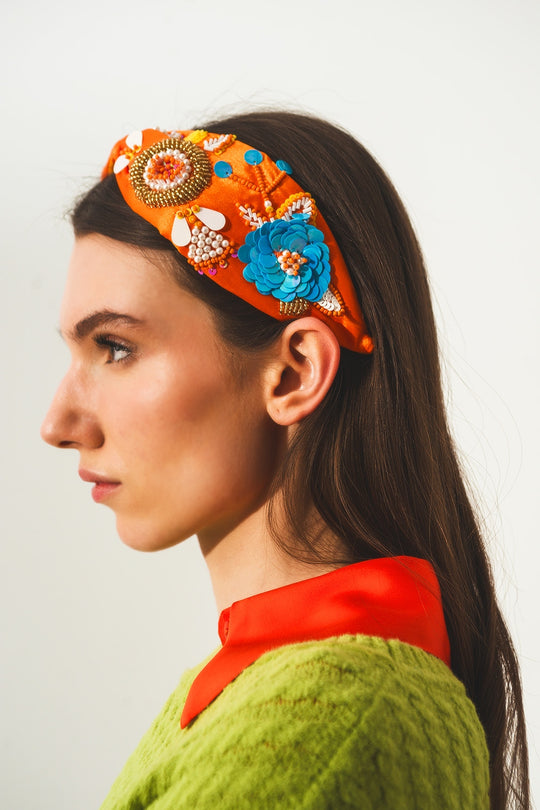 Embellished chunky headband in orange