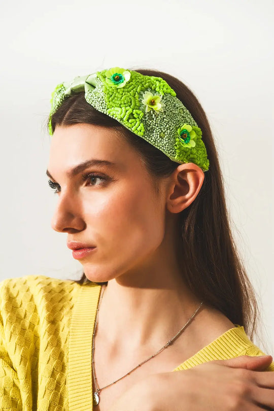 Chunky headband with embellished green flowers - GREEN