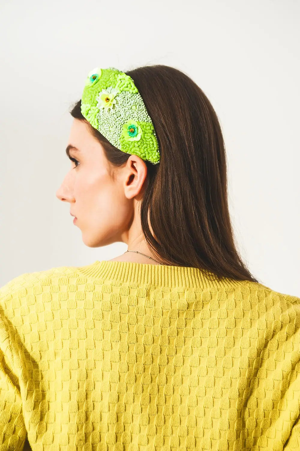 Chunky headband with embellished green flowers - GREEN