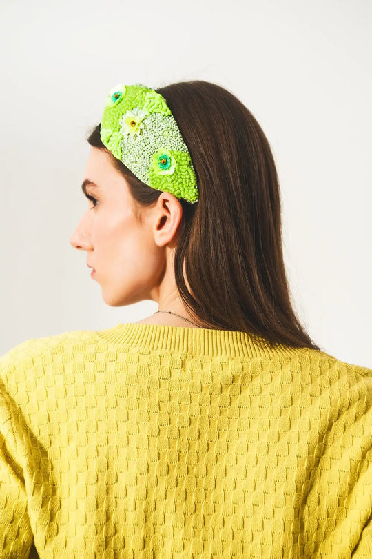 Chunky headband with embellished green flowers - GREEN