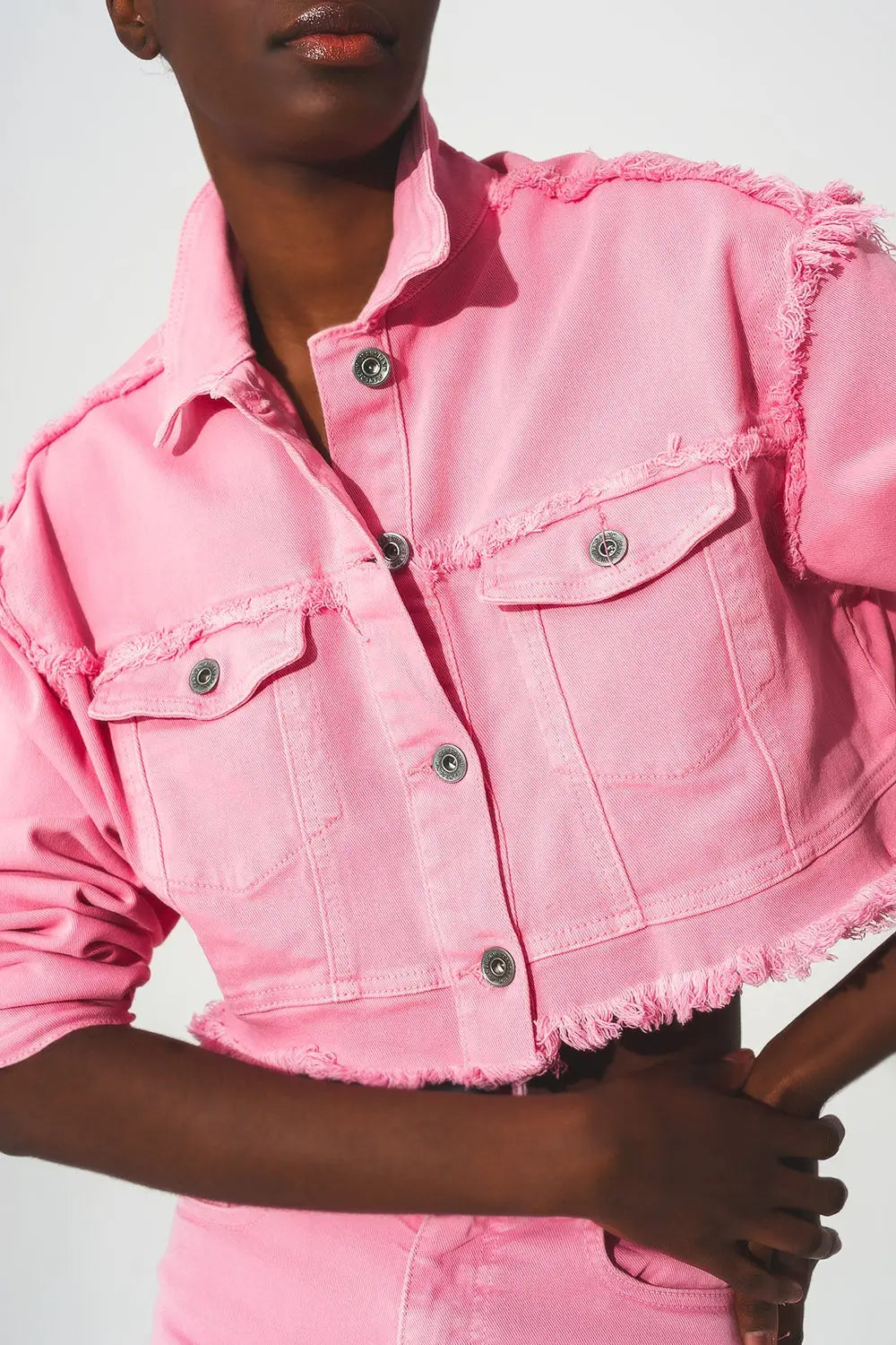 Cropped denim trucker jacket in pink - Jackets