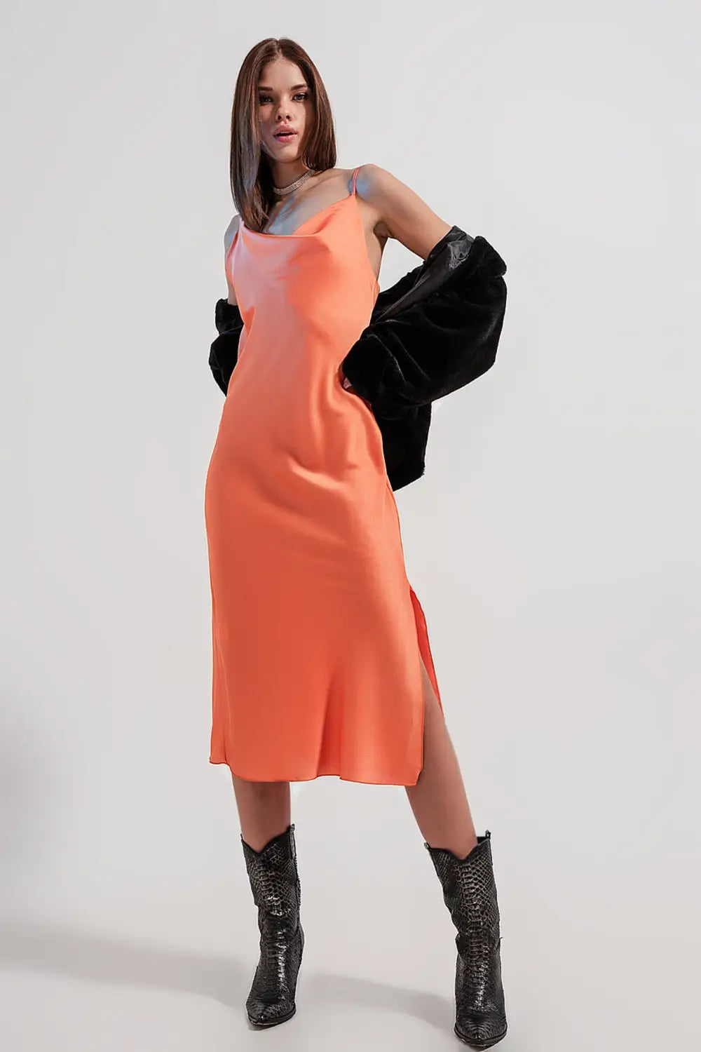 Cami midi slip dress in high shine satin in orange - Dresses