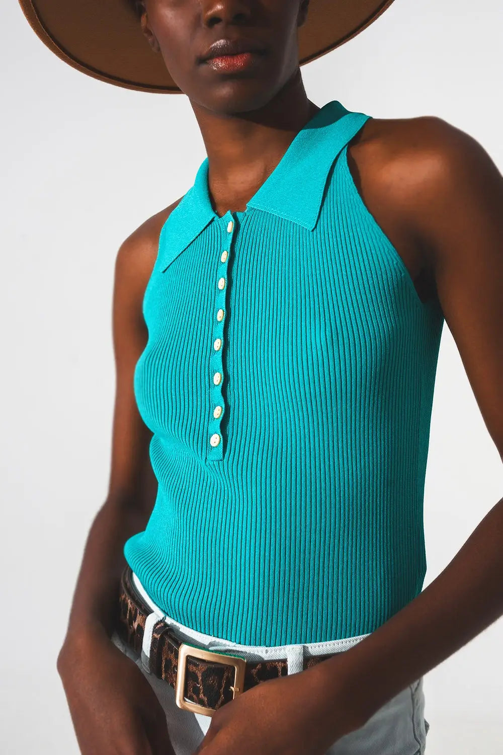 Ribbed knitted top with polo neck in turquoise - Tops