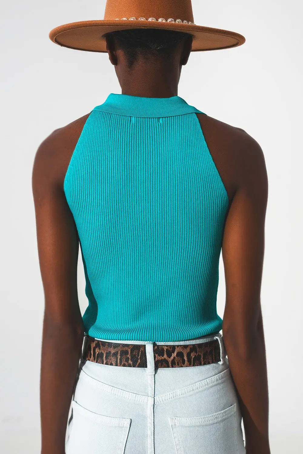 Ribbed knitted top with polo neck in turquoise - Tops