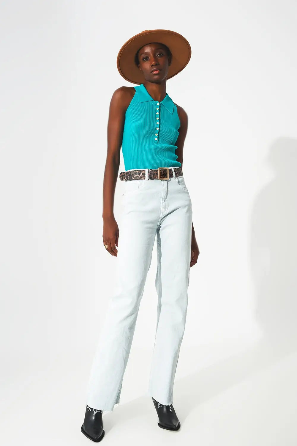 Ribbed knitted top with polo neck in turquoise - Tops