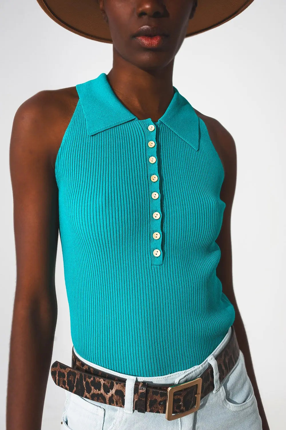 Ribbed knitted top with polo neck in turquoise - Tops