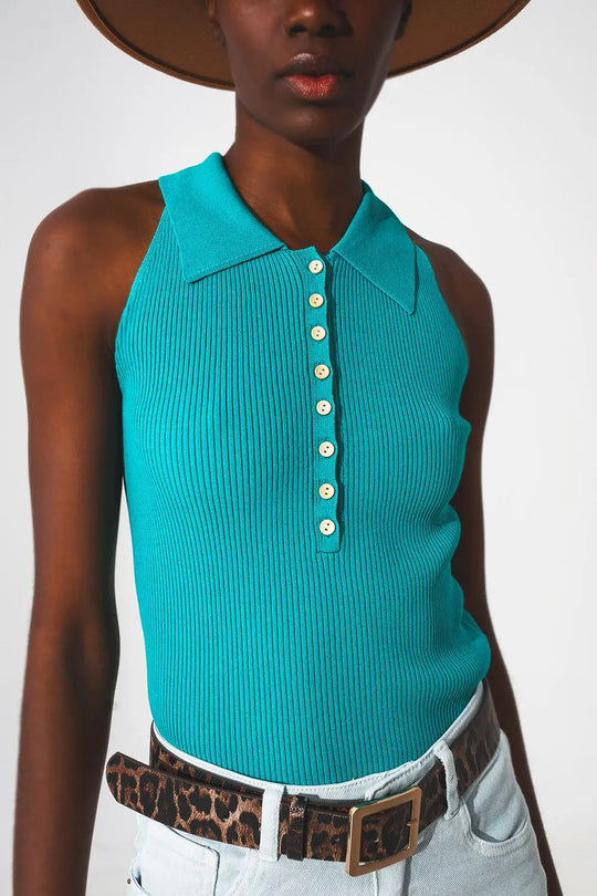 Ribbed knitted top with polo neck in turquoise - Tops