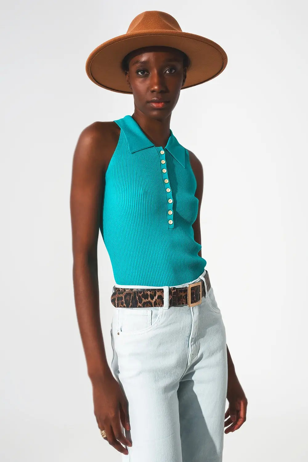 Ribbed knitted top with polo neck in turquoise - Tops