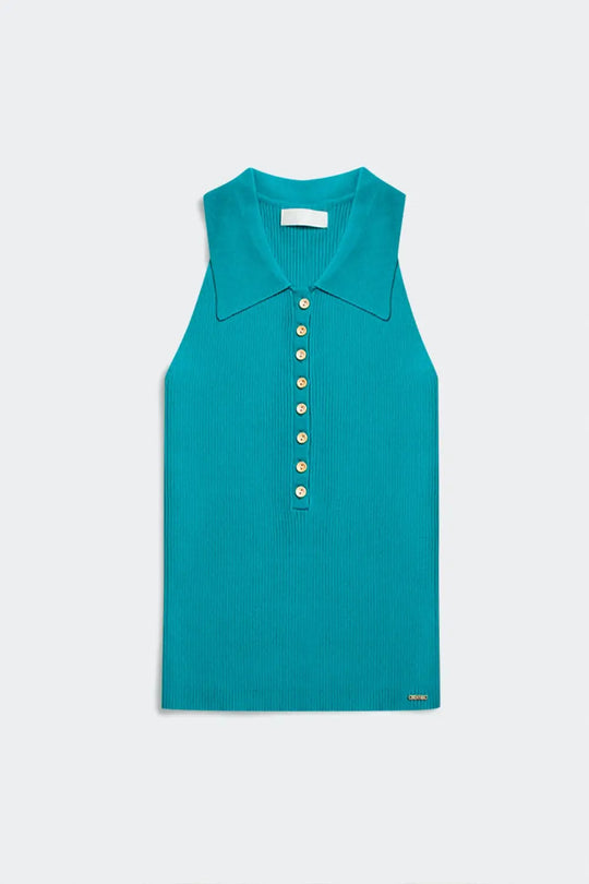Ribbed knitted top with polo neck in turquoise - Tops