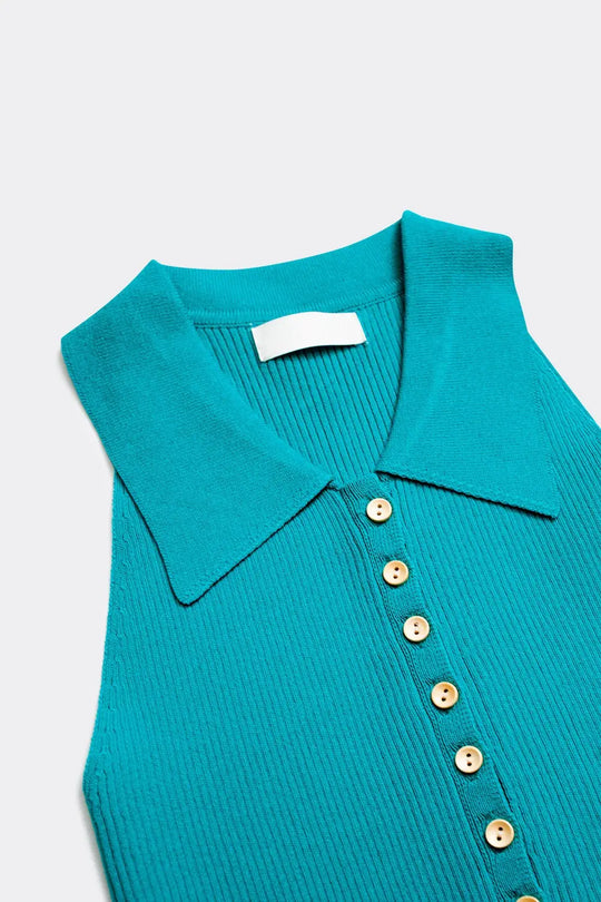 Ribbed knitted top with polo neck in turquoise - Tops