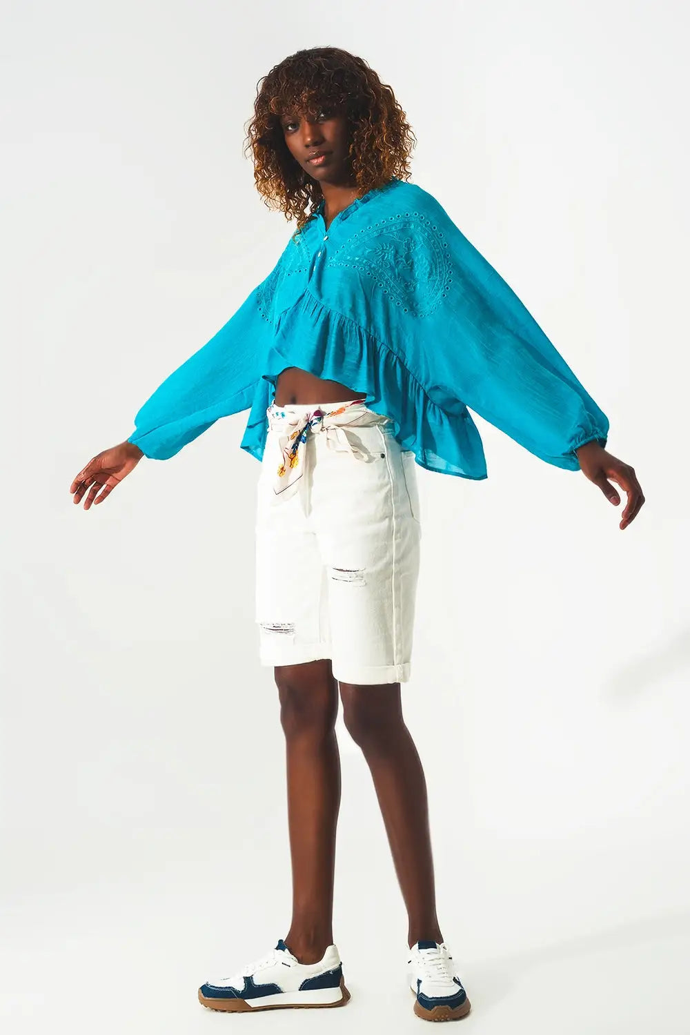 Shirred crop top with embroidery in blue - BLUE / ONE - Tops