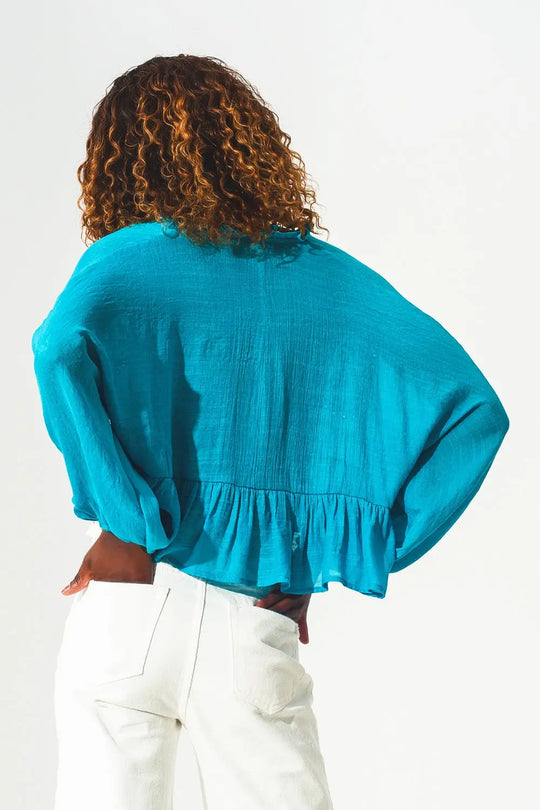Shirred crop top with embroidery in blue - BLUE / ONE - Tops